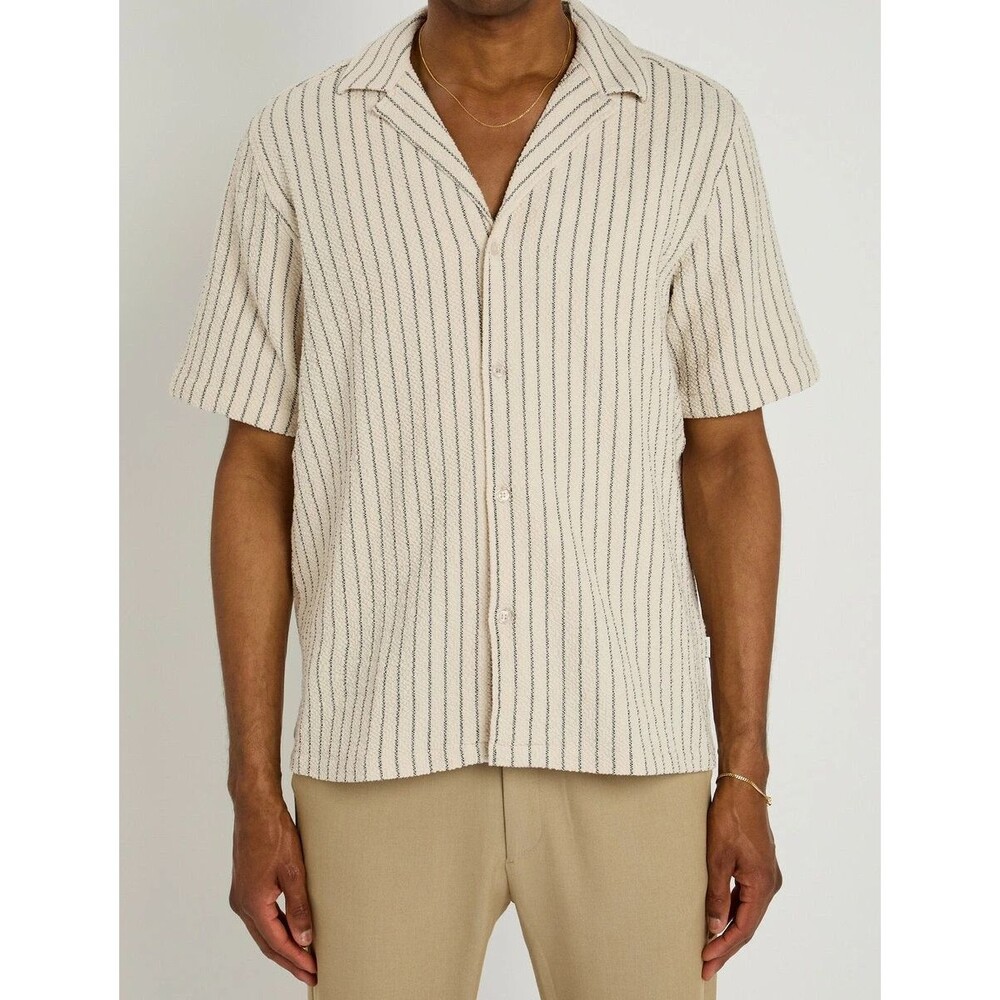 LES DEUX Button Shirt Mens Medium Cream Structured Stripe Boucle LESLEY $189